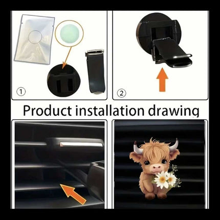 Adorable Highland Cow Car Air Freshener - 2 Pack Floral Design Acrylic Vent Clips, Long Lasting Fragrance
