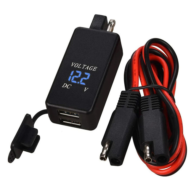 Waterproof SAE to Dual USB Charger Adapter with Voltmeter for 12V Motorcycle