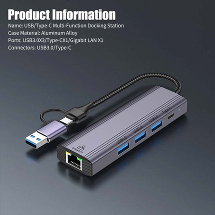 5-in-1 USB-C to Gigabit Ethernet Adapter: 1000Mbps RJ45 LAN + 3 x USB 3.0 Ports