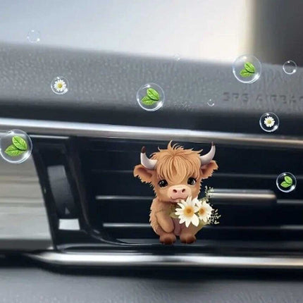 Adorable Highland Cow Car Air Freshener - 2 Pack Floral Design Acrylic Vent Clips, Long Lasting Fragrance