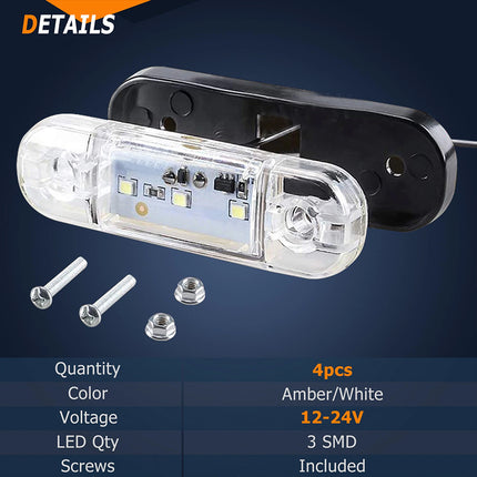4X White 3-LED Clearance Marker Lights for Truck, Trailer, and Caravan, 12V/24V Compatible