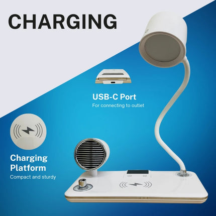 Wireless Charger LED Desk Lamp, 4 in 1 with Bluetooth Speaker, Alarm Clock & Charging Port