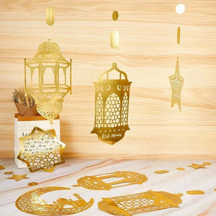 Eid Mubarak Hanging Pendant - 8Pcs Ramadan Muslim Party Decor Streamer Banner
