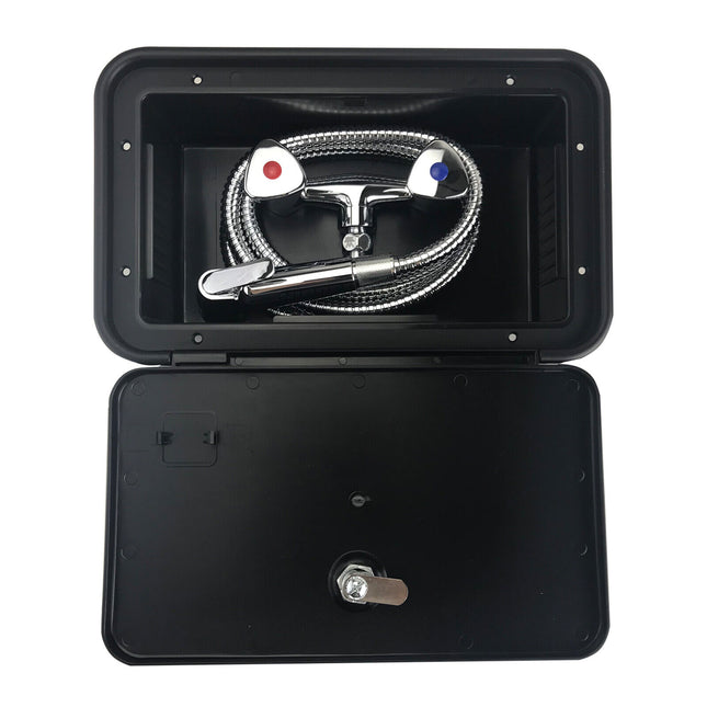 External Lockable Shower Box for Caravan | Hot & Cold Mixer with Hose, Outdoor Waterproof Case