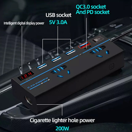 200W Car Power Inverter, 12V to 240V AC Outlet & 4 USB Ports (QC3.0) – Laptop/Camera Charger, Cooling Fan