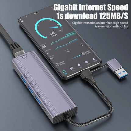 5-in-1 USB-C to Gigabit Ethernet Adapter: 1000Mbps RJ45 LAN + 3 x USB 3.0 Ports