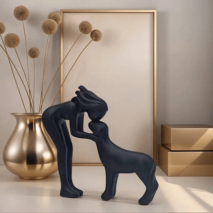 Black Minimalist Human & Dog Statue - Hand-Like Pose Pet Lover Gift