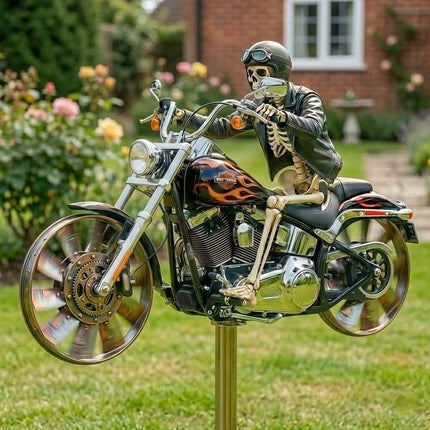 Motorcycle Wind Spinner – 2D Flat Biker Windmill Stake, Rotating Wheels for Yard Garden