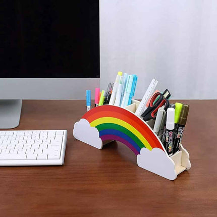 Rainbow Wooden Pen Holder DIY Pencil Case Desk Organizer for Phone Storage