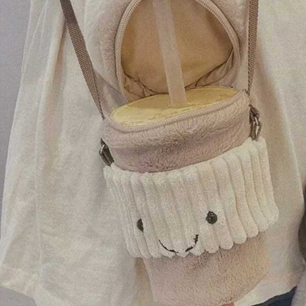 New Coffee-To-Go Bag Beige | Plush Travel Cup, Soft Carry Tote for Fun Gift