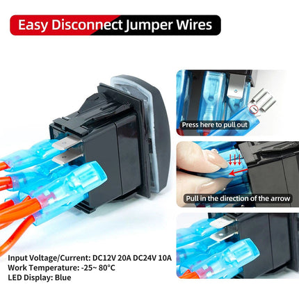 Waterproof 2-Gang Rocker Switch Panel with Blue LED for 12V/24V Use in Car, Marine Boat, and RV