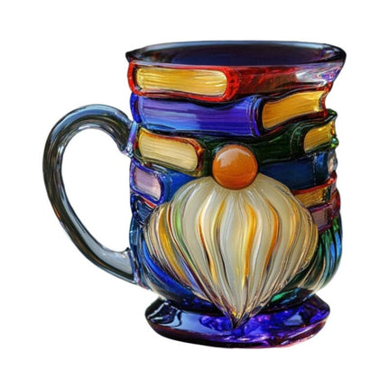 3D Painted Glass Gnome Book Mug | Stackable Coffee Cup for Home Decor