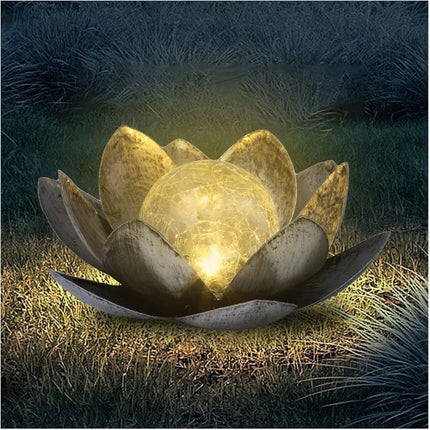 Solar Crackle Glass Lotus Flower Light – Silver Damasque Ball 28cm