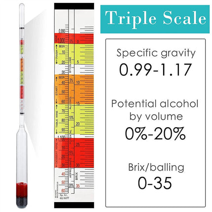 Triple Scale Alcohol Hydrometer & Test Jar for Home Brew Wine