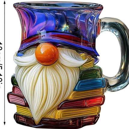3D Painted Glass Gnome Book Mug | Stackable Coffee Cup for Home Decor
