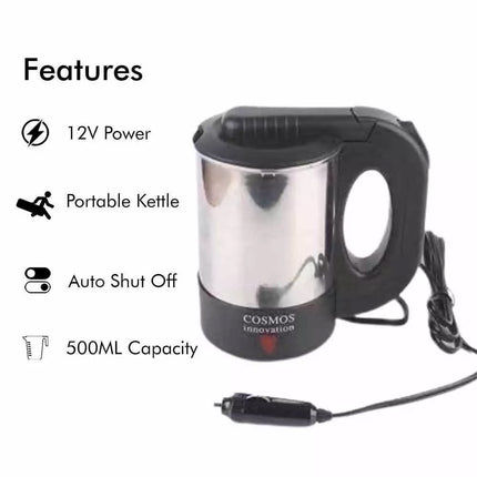 500ML Portable 12V Car Kettle for Travel | Fast Heating Water Boiler for Truck, RV & Cup Holder