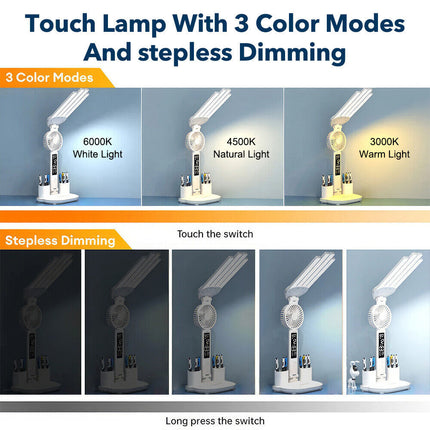4-in-1 LED Desk Lamp with Fan, Dimmable for Reading & Night Light