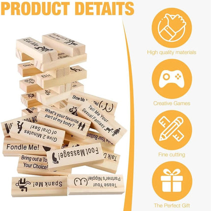 48Pcs Adult Naughty Game Wooden Tumble Tower w/ Bag Couples Date Night