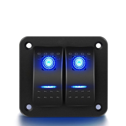 Waterproof 2-Gang Rocker Switch Panel with Blue LED for 12V/24V Use in Car, Marine Boat, and RV