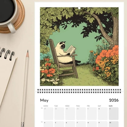 Cats Chillin' with Books 2026 Wall Calendar – Cat-Themed Illustrated Planner