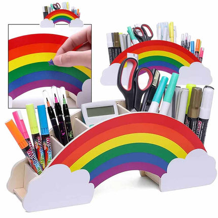 Rainbow Wooden Pen Holder DIY Pencil Case Desk Organizer for Phone Storage