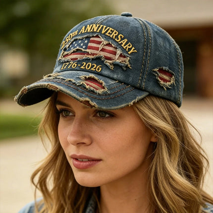 250th US Anniversary Denim Hat 1776-2026 Patriotic Print Baseball Cap