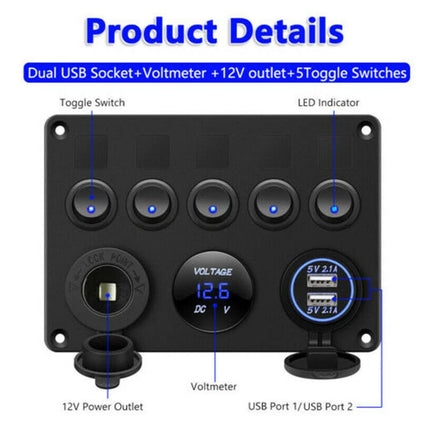 5-Gang 12V Switch Panel with LED Lights, Voltmeter & USB Charger for Campervan and RV