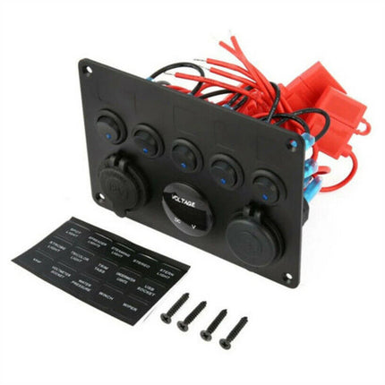 5-Gang 12V Switch Panel with LED Lights, Voltmeter & USB Charger for Campervan and RV