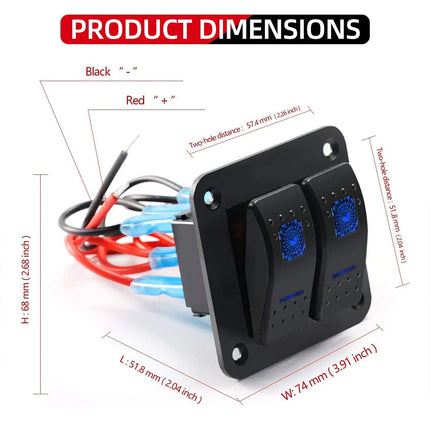 Waterproof 2-Gang Rocker Switch Panel with Blue LED for 12V/24V Use in Car, Marine Boat, and RV