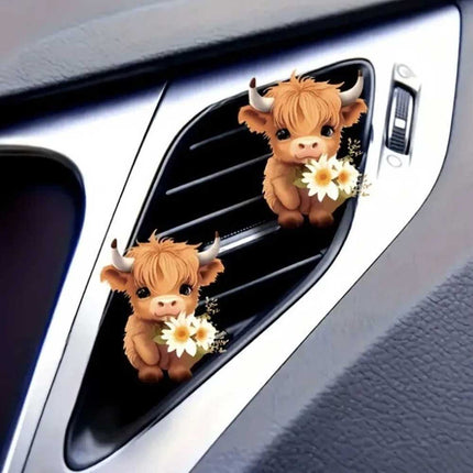 Adorable Highland Cow Car Air Freshener - 2 Pack Floral Design Acrylic Vent Clips, Long Lasting Fragrance