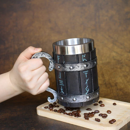 Viking Stainless Steel Tankard Odin Thor Mjolnir Beer Stein & Coffee Cup
