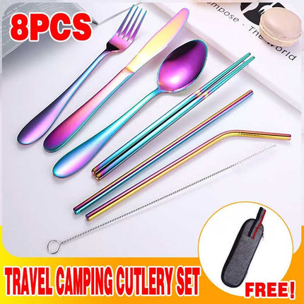 Portable 8PCS Stainless Steel Cutlery Set for Travel Camping