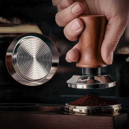 53mm Threaded Base Beech Wood Tamper, Internal Spring Balanced Force Coffee Hammer