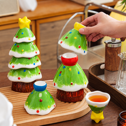 5Pcs Stackable Christmas Tree Ceramic Tea Cup Set Hand Painted Gift