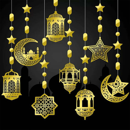Eid Mubarak Hanging Pendant - 8Pcs Ramadan Muslim Party Decor Streamer Banner
