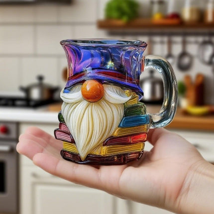 3D Painted Glass Gnome Book Mug | Stackable Coffee Cup for Home Decor