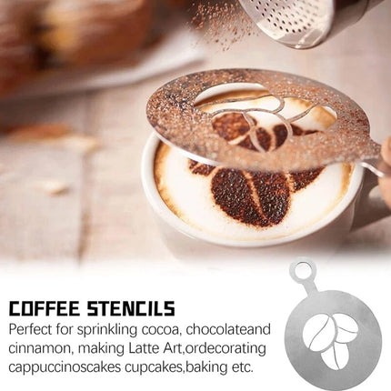 Cappuccino Stencil Set - 4 Stainless Steel Templates for Latte Art & Cocoa Duster