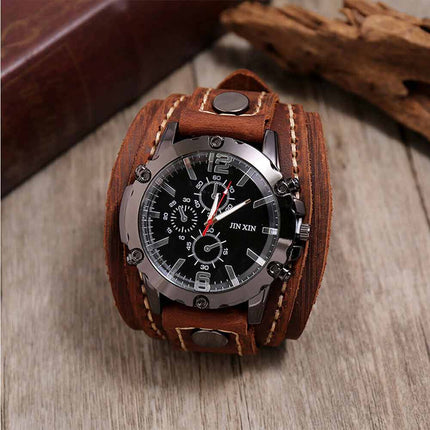 Military Retro PU Leather Strap Watch Men's Punk Quartz Cuff Wristwatch