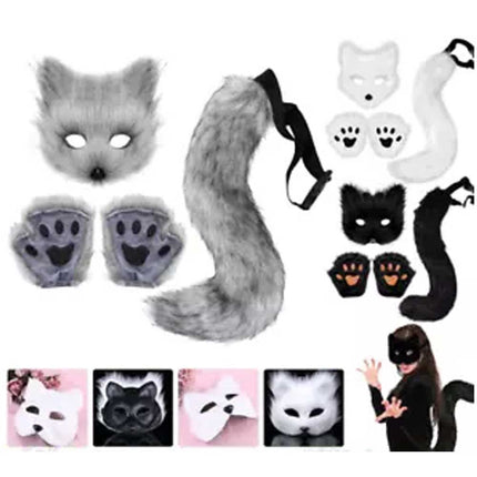 Furry Cat Fox Mask Set for Christmas Party – Costume with Tail & Paws