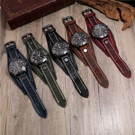 Military Retro PU Leather Strap Watch Men's Punk Quartz Cuff Wristwatch