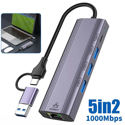 5-in-1 USB-C to Gigabit Ethernet Adapter: 1000Mbps RJ45 LAN + 3 x USB 3.0 Ports