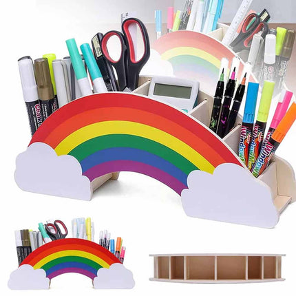 Rainbow Wooden Pen Holder DIY Pencil Case Desk Organizer for Phone Storage