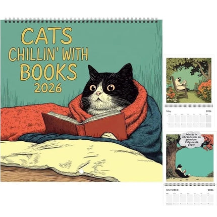 Cats Chillin' with Books 2026 Wall Calendar – Cat-Themed Illustrated Planner