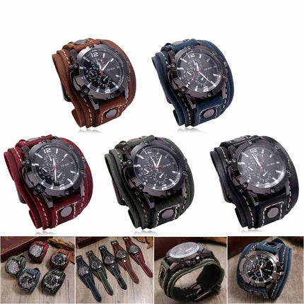 Military Retro PU Leather Strap Watch Men's Punk Quartz Cuff Wristwatch