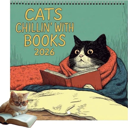 Cats Chillin' with Books 2026 Wall Calendar – Cat-Themed Illustrated Planner