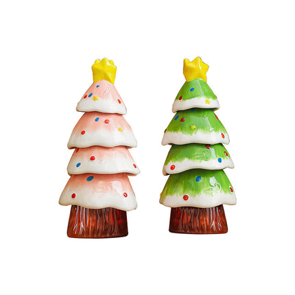 5Pcs Stackable Christmas Tree Ceramic Tea Cup Set Hand Painted Gift