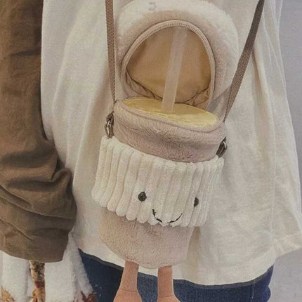 New Coffee-To-Go Bag Beige | Plush Travel Cup, Soft Carry Tote for Fun Gift