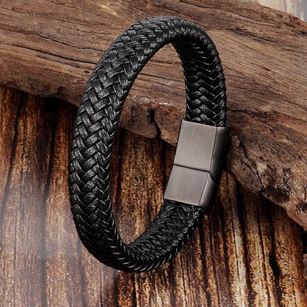 Men's Braided Leather Magnetic Bracelet 6mm Black 21cm