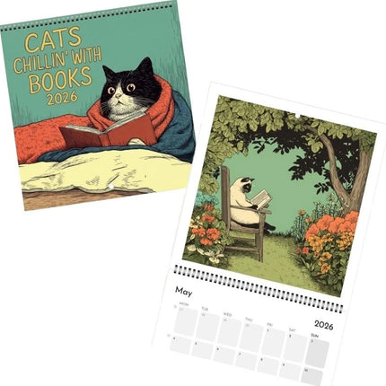 Cats Chillin' with Books 2026 Wall Calendar – Cat-Themed Illustrated Planner