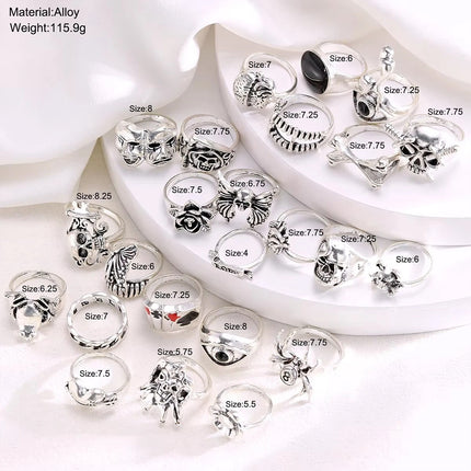 24Pcs Gothic Skeleton Ring Set Punk Grunge Unisex Street Jewelry Gift